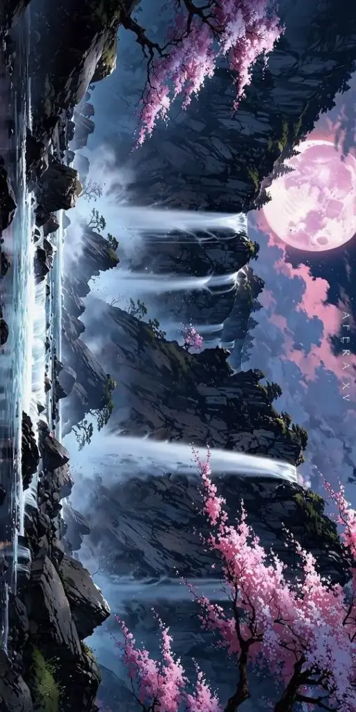 Thác nước trắng đổ xuống hồ tối giữa rừng và hoa tím, nền trời hồng nhạt phía trên làm bức cảnh này vừa mát vừa có nét mơ màng tự nhiên