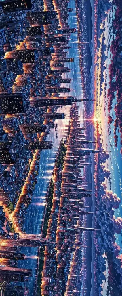 Thành phố lúc hoàng hôn hiện lên dày đặc ánh đèn, mặt nước phản chiếu sắc tím cam và các tòa nhà chen nhau tạo cảm giác đô thị rực rỡ cho hình nền phong cảnh