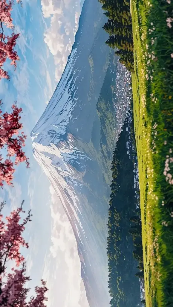 Hình nền smartphone núi tuyết cao nổi bật giữa bầu trời trong, hàng cây và đồng cỏ ở tiền cảnh giữ khung ảnh cân bằng khiến cảnh này rất hợp ảnh nền thiên nhiên