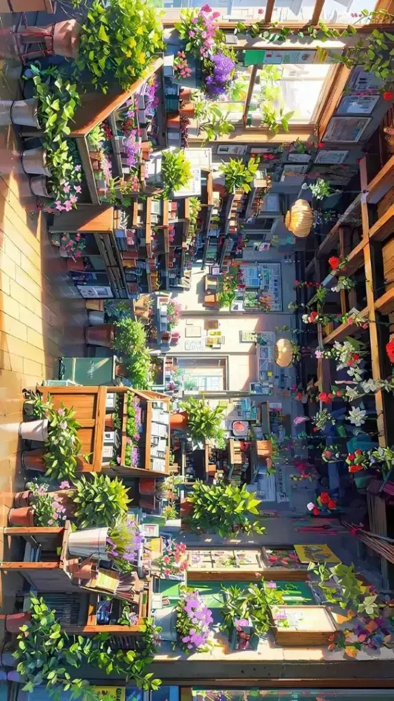 Ảnh nền con phố nhỏ phủ cây xanh và đèn vàng treo cao, quán xá san sát dưới mái hiên khiến góc nhìn dọc này vừa ấm vừa có chất ảnh nền ngoại cảnh