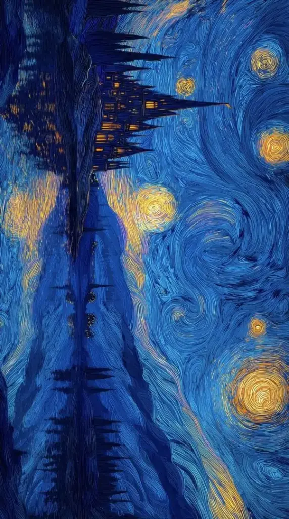 Hình nền điện thoại mặt hồ xanh đậm phản chiếu trời sao và trăng vàng, hàng thông dựng bóng hai bên làm khung đêm này trông ngầu nhưng vẫn rất yên bình