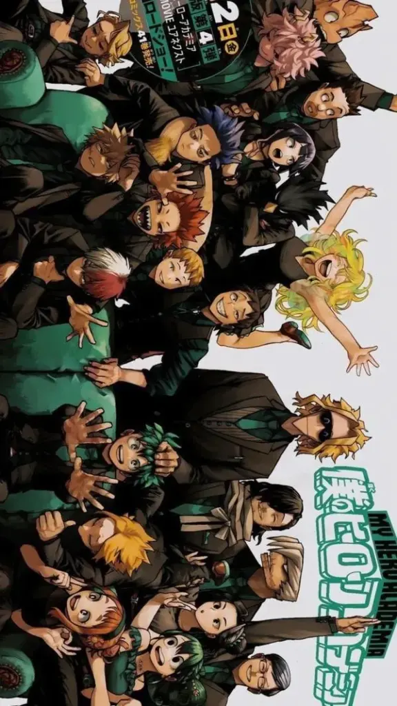 Hình nền My Hero Academia kiểu poster phim, nhiều gương mặt đối đầu, trung tâm là Deku
