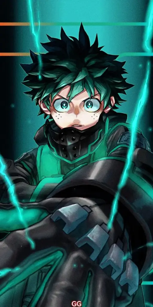 Ảnh nền Deku dark mode, vệt đỏ đen như vết nứt, One For All làm nền rung rinh