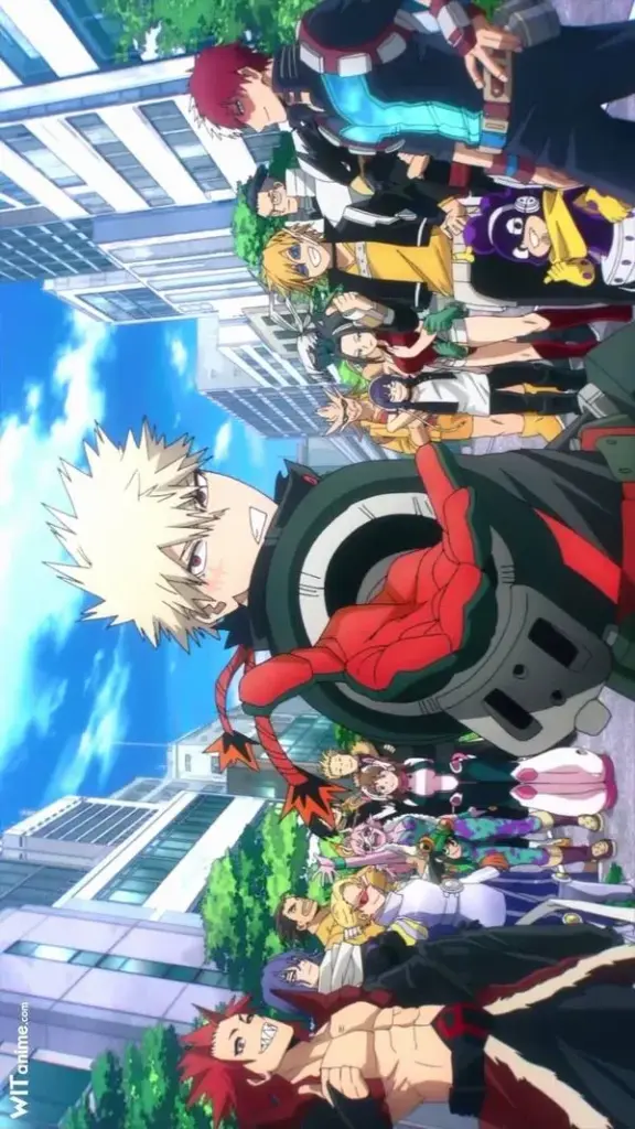 Ảnh màn hình chờ Trường Trung học U.A. sân tập rộng, góc thấp, logo U.A. nổi nhẹ