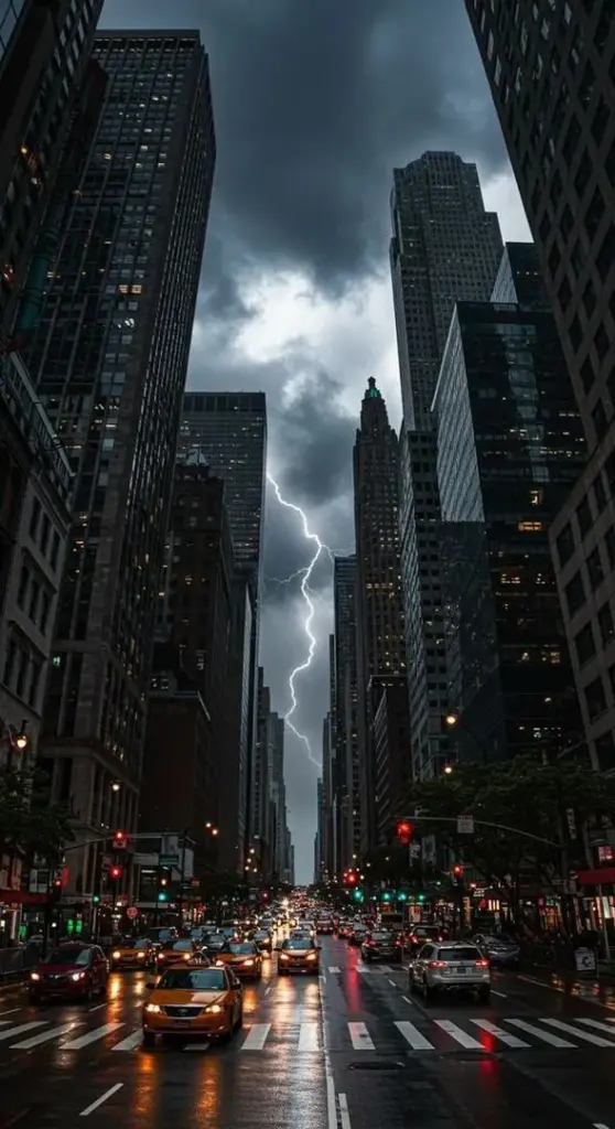 Giữa hai dãy nhà cao tầng tối màu, con đường ướt phản chiếu đèn xe và mảng trời xám mở xuống, tạo cảm giác thành phố sau mưa khá lạnh và rất gọn