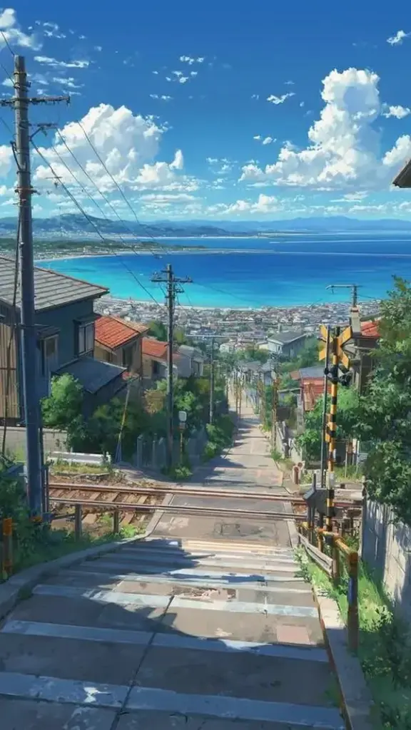 Ảnh nền con dốc lát đá dẫn xuống mặt biển xanh trong, hai bên phủ cây và mái nhà nhỏ, nền màn hình cảnh vật này nhìn thoáng mắt và có chút nghỉ dưỡng