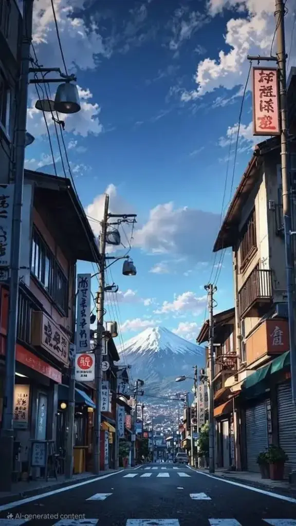 Con phố hẹp kiểu Nhật mở ra dưới bầu trời xanh nhiều mây, biển hiệu treo cao và dãy nhà thấp hai bên khiến khung hình đô thị trông sáng và dễ nhìn