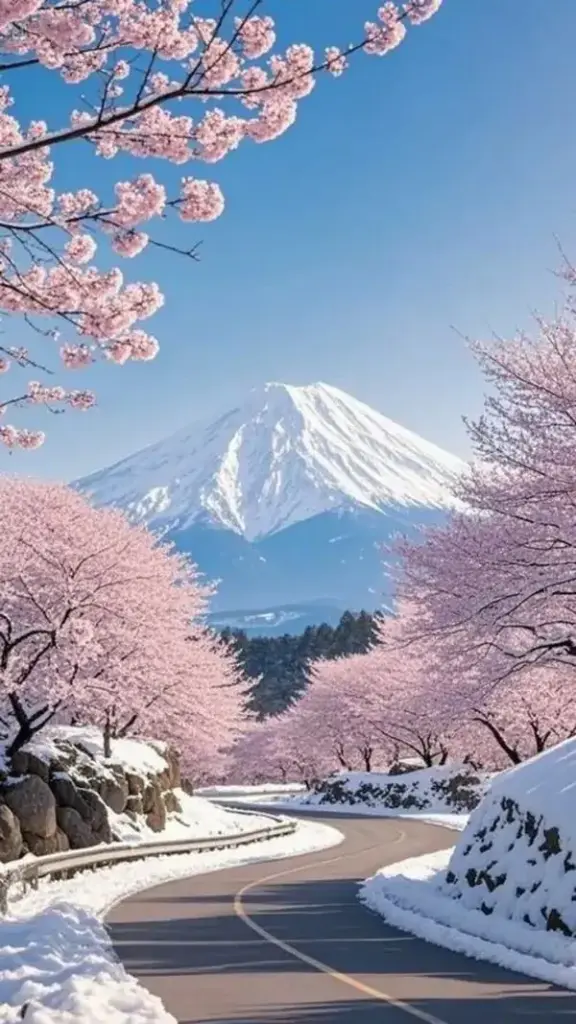 Ảnh bìa đường cong phủ tuyết chạy giữa hàng anh đào nở rộ, phía xa núi Phú Sĩ đứng dưới trời trong làm tranh nền phong cảnh vừa dịu vừa rất đẹp
