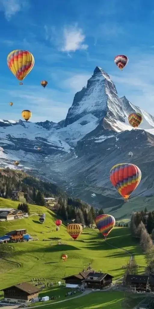 Những khinh khí cầu nhiều màu bay quanh ngọn núi nhọn giữa thung lũng xanh, hình ảnh không gian ngoài trời này có nét 3D nhẹ và cảm giác vui mắt rõ rệt