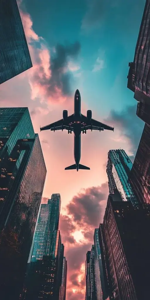 Hình nền điện thoại chiếc máy bay bay ngang bầu trời hồng tím giữa các tòa nhà cao, góc nhìn từ dưới lên làm ảnh view đẹp trông mạnh và khá ngầu
