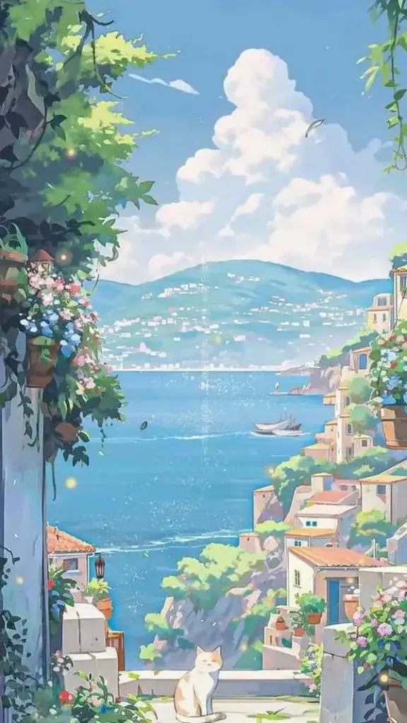 Ban công phủ dây leo mở ra vịnh biển xanh và cụm nhà trắng xếp tầng, ảnh nền ngoại cảnh kiểu này sáng trong, mát mắt và hợp những ngày muốn đổi gió