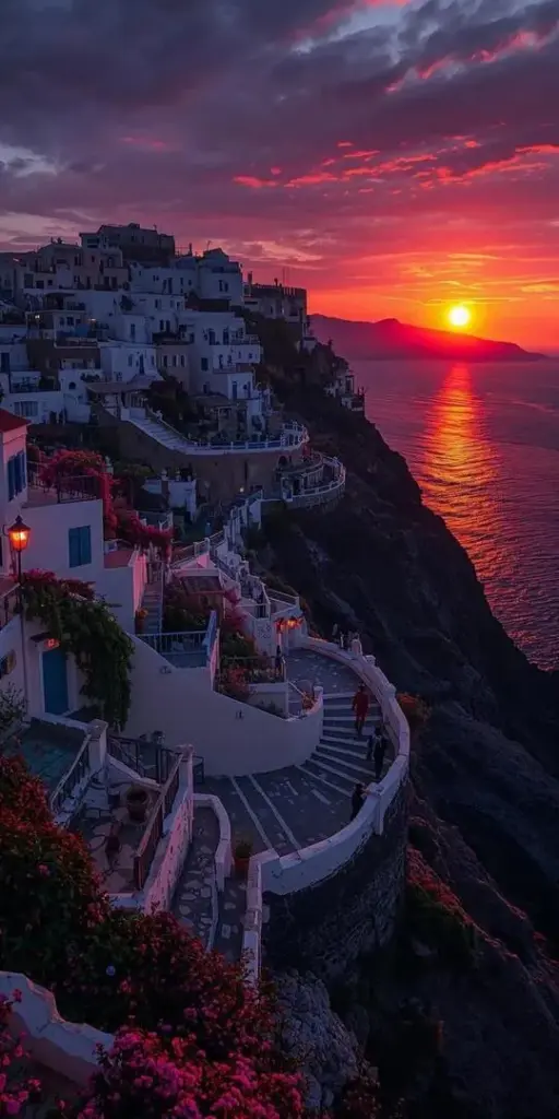 Hình nền khóa máy mặt trời đỏ lặn sau mỏm đá ven biển tím sẫm, sóng va vào bờ tạo mảng sáng tối rõ khiến khung ảnh chiều muộn rất hút mắt