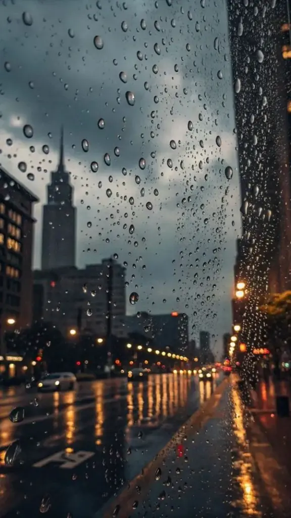 Hình nền smartphone phố lớn dưới cơn mưa với đèn xe và tòa nhà mờ sau màn nước, bức ảnh đô thị này trầm hơn nhưng nhìn lâu vẫn thấy cuốn