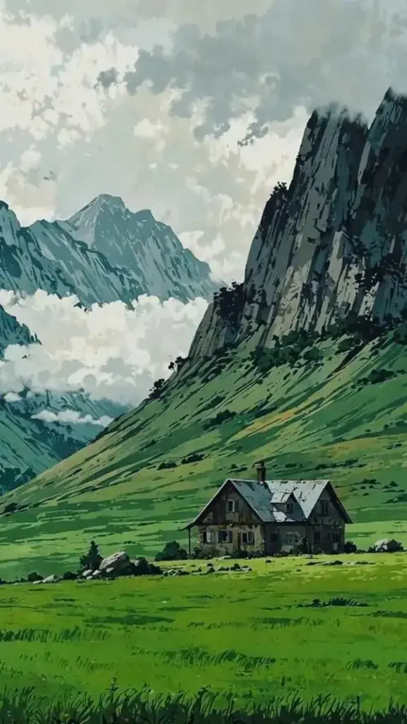 Thung lũng cỏ xanh nằm giữa hai sườn núi đá xám, căn nhà nhỏ ở chân dốc làm hình nền không gian mở mang vẻ yên vắng và cực kỳ thoáng mắt