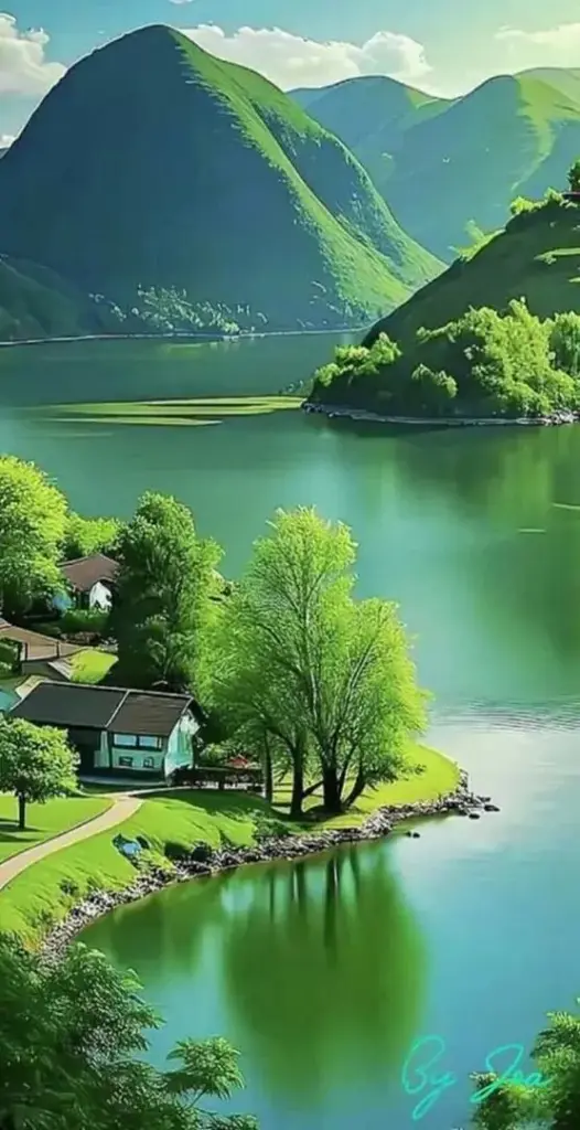 Đảo cỏ xanh nổi giữa mặt hồ lặng, núi tròn phủ nắng phía sau tạo nên ảnh nền thiên nhiên sáng rõ, êm mắt và hợp với màn hình dọc nhỏ gọn