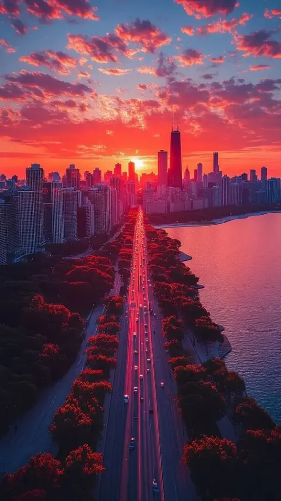 Hình nền dọc thành phố ven sông bừng đỏ dưới bầu trời hoàng hôn rực lửa, dải nhà cao tầng kéo dài tạo khung ảnh đô thị đẹp và rất nổi bật