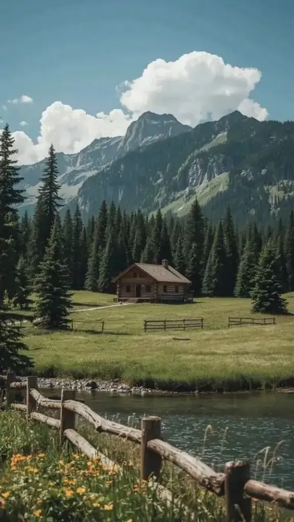 Bãi cỏ rộng với hàng rào gỗ dẫn vào chân núi phủ mây, căn chòi nhỏ đứng lẻ loi khiến nền màn hình cảnh vật này bình yên mà không hề nhạt