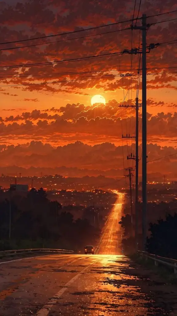 Ảnh nền phong cảnh mặt trời cam đổ ánh sáng thẳng xuống con đường và ruộng tối, cột điện dựng dọc bên mép làm bức ảnh chiều tà trông rất thật