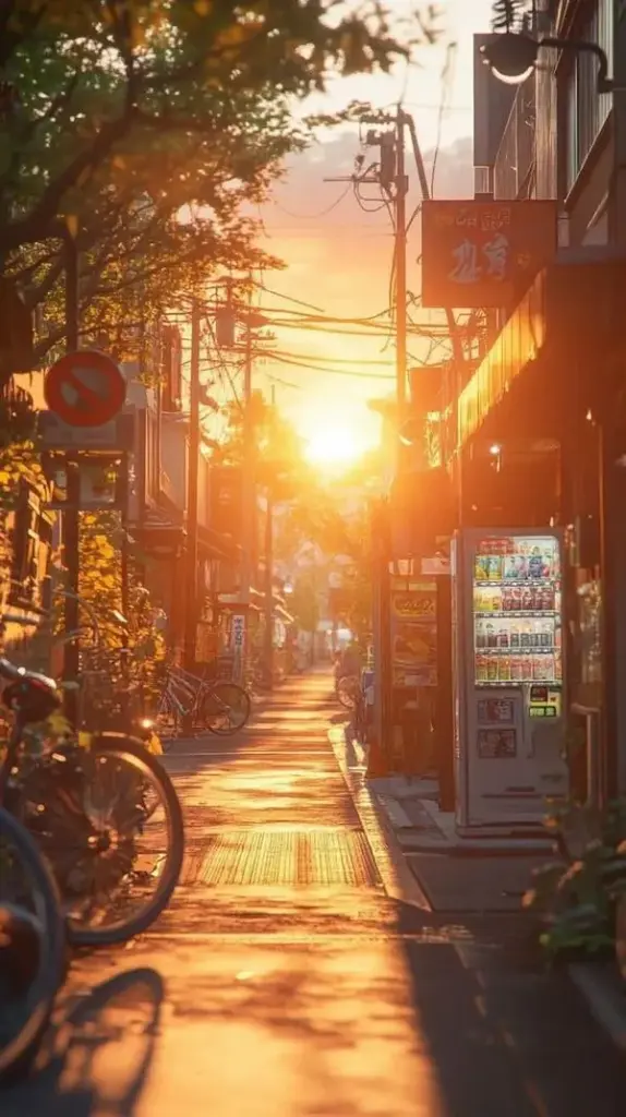 Ngõ nhỏ ngập nắng cuối ngày với xe đạp dựng bên hiên, tia sáng hắt dọc lối đi làm tranh nền phong cảnh có vẻ ấm và gần gũi như đời thường