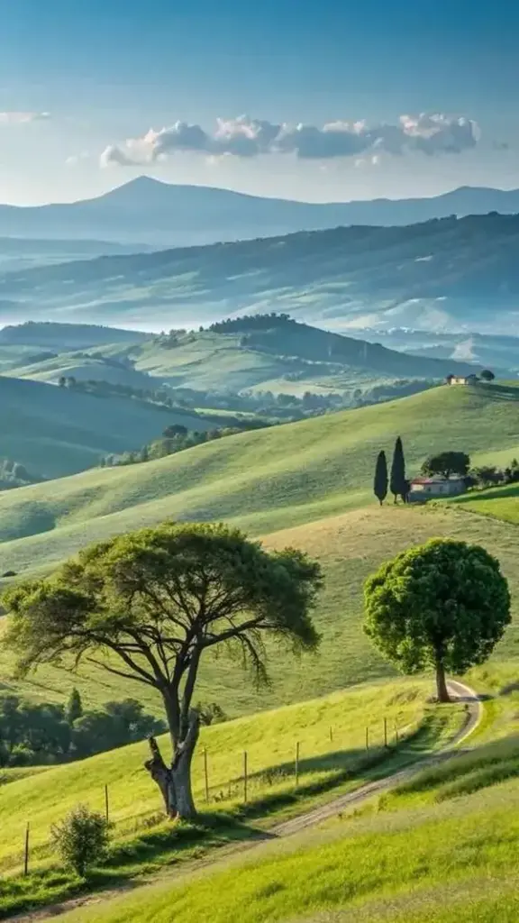 Hình nền máy những quả đồi xanh lượn mềm dưới lớp mây xa, vài cây đứng tách nhau trên sườn dốc khiến ảnh nền thiên nhiên nhìn rất thoáng và sạch