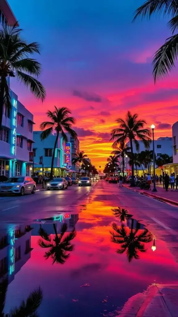 Con đường phản chiếu sắc tím hồng sau cơn mưa, hàng cọ hai bên và ánh đèn phố làm ảnh nền ngoại cảnh này nổi bật kiểu Ultra HD nhưng không bị gắt