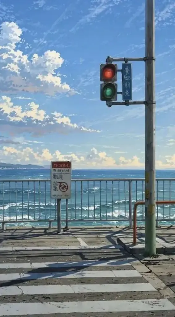 Wallpaper điện thoại ngã tư ven biển với đèn tín hiệu đỏ dưới trời xanh nhiều mây, lan can trắng và mặt nước phía sau tạo cảm giác sạch sẽ, gọn và khá đẹp