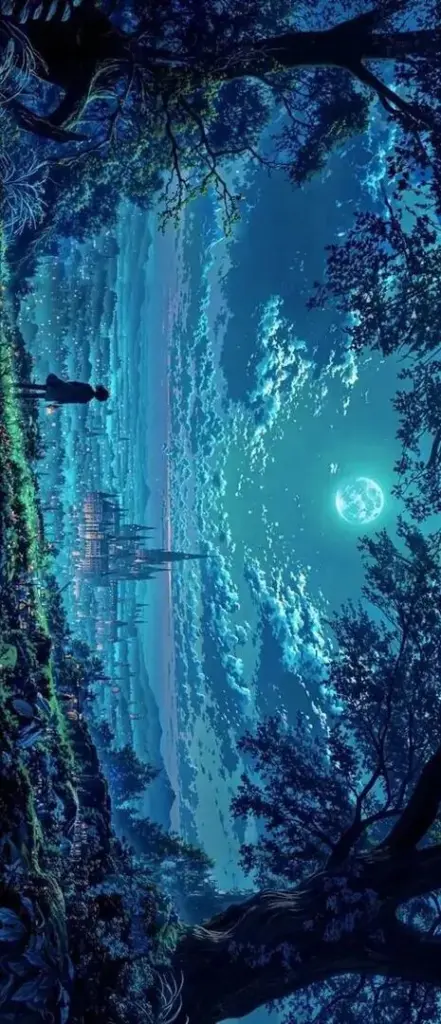 Ảnh wallpaper lối rừng xanh đậm mở ra khoảng sáng ở giữa, mặt nước hoặc sương mờ phía xa làm khung hình mát lạnh và hơi bí ẩn vừa đủ