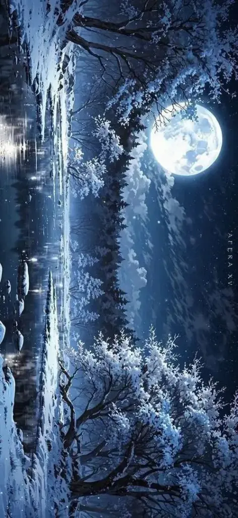 Hình nền dọc mặt trăng tròn sáng trên hồ nước tối, hàng cây đen và dải phản chiếu bạc tạo nên một ảnh nền phong cảnh ảo mộng khá hợp điện thoại