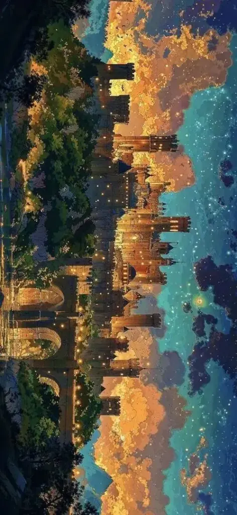 Ảnh nền hoạt họa Nhật Bản gốc cây lớn đổ bóng xuống bãi cỏ ven hồ, nền trời xanh và mặt nước lấp loáng khiến tổng thể nhìn rất trong và thư giãn