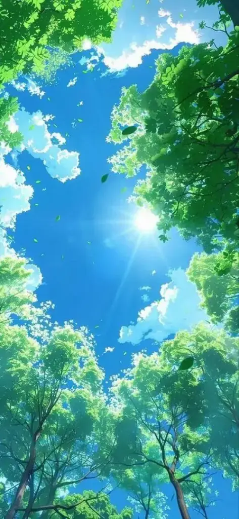 Ảnh nền 4K góc nhìn từ dưới tán lá lên khoảng trời xanh, mặt trời ló giữa đám cây làm ánh sáng bung ra mềm và rất hợp làm hình nền dọc