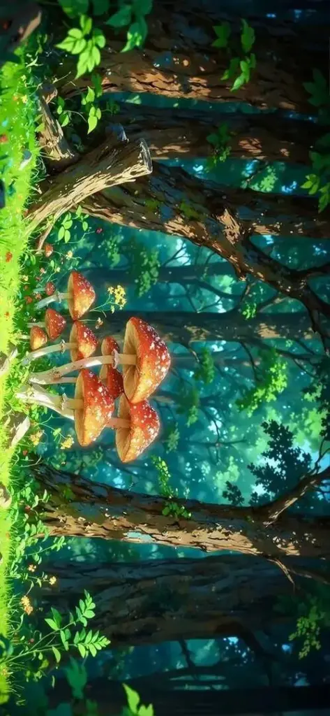 Ảnh nền HD khu rừng xanh rậm với những đốm sáng vàng sâu bên trong, cảm giác như có một lối đi bí mật đang mở ra giữa nền lá rất mát mắt