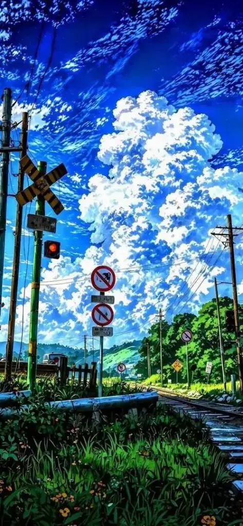 Bầu trời xanh mở rộng phía sau cột điện và hàng cây, cụm mây trắng nổi khối rõ đến mức nhìn trên màn hình dọc thấy thoáng và sáng hẳn ra