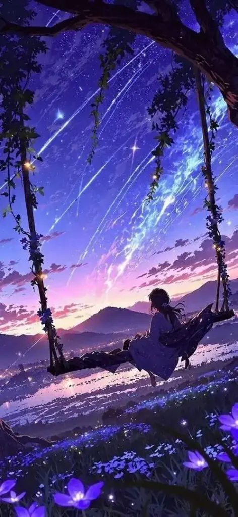 Ảnh nền chiếc xích đu treo dưới tán cây tím, mặt biển xa và ánh chiều loang trên mây làm khung cảnh này dịu, hơi buồn mà vẫn rất đẹp