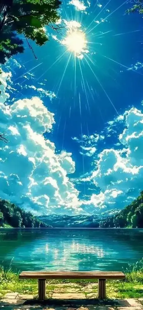 Mặt biển xanh ngắt đón vệt nắng từ trời cao, lớp mây trắng nổi dày trên đầu khiến bức phong cảnh này sáng rực và mang đúng tinh thần ảnh nền hoạt họa Nhật Bản