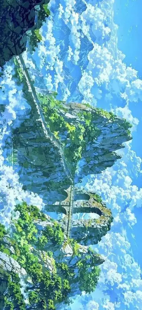 Trăng tròn treo trên khe núi tối, dải nước trắng rơi xuống giữa vách đá khiến toàn cảnh đêm này có nhịp lặng và rất hợp kiểu ảnh nền bối cảnh hoạt hình