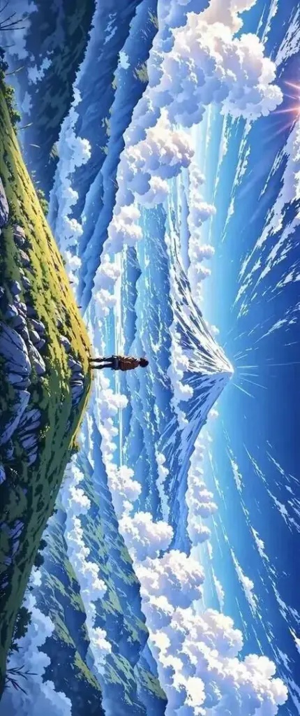 Hình nền anime đường ray cong nhẹ giữa cột điện và bụi cỏ, nền trời xanh trong với mây dày giúp khung cảnh ga tàu nhỏ trở nên thân quen và rất Nhật