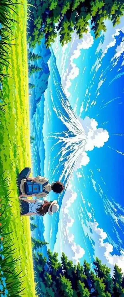 Hình nền điện thoại khoảng trời trong veo bên triền cỏ xanh, vệt mây trắng kéo chéo qua khung dọc làm bối cảnh này nhìn rất đẹp và nhẹ mắt