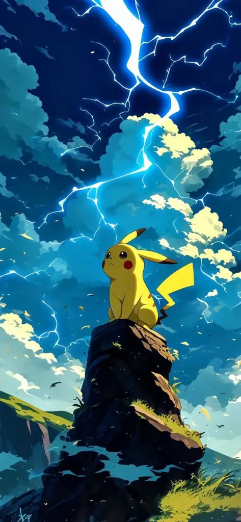 Wallpaper Pikachu đứng trên mỏm đá, bầu trời sấm chớp, ánh điện xanh, không khí hùng tráng