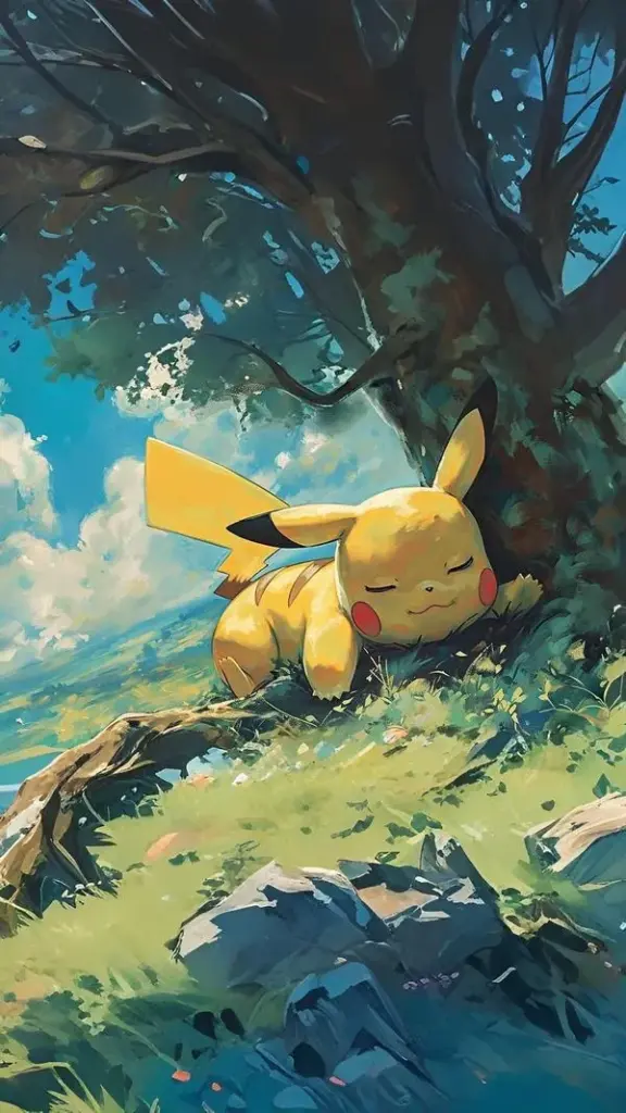 Pikachu nằm nghỉ dưới tán cây, nền rừng mát, bố cục thoáng, nhìn nhẹ mắt và yên bình