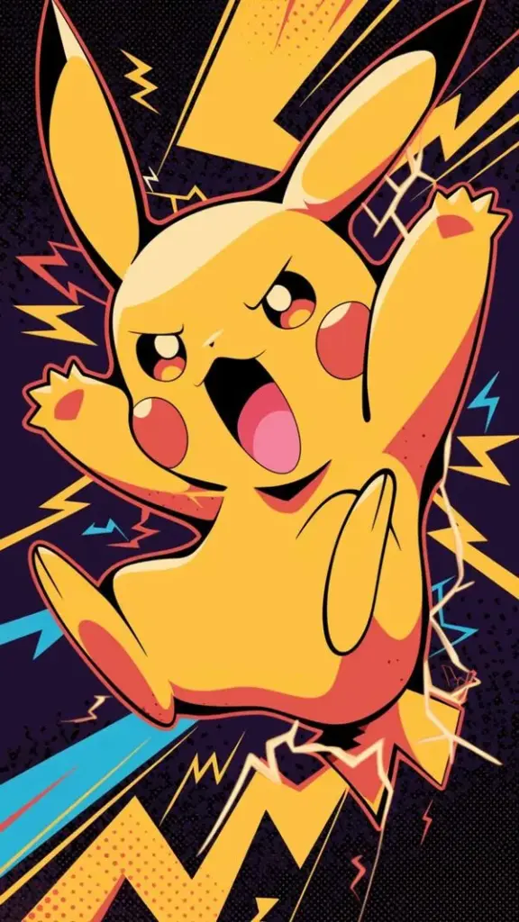 Pikachu vector đơn giản, miệng cười to, nền đen vàng zigzag, hợp ai thích tối giản nổi bật