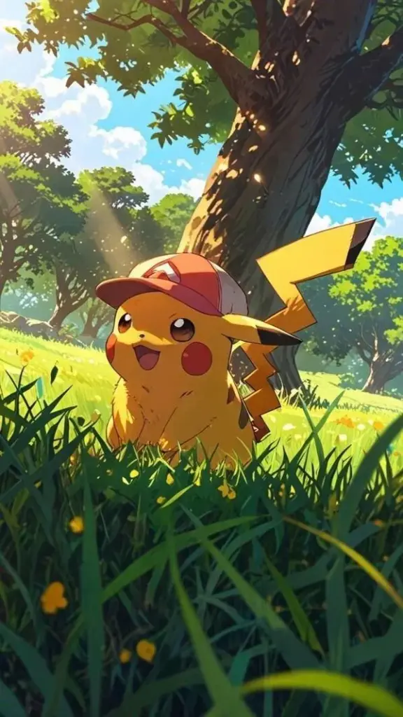 Ảnh màn hình chờ Pikachu ngồi trên cỏ, nắng xuyên lá, nhiều khoảng trống cho widget, rất gọn