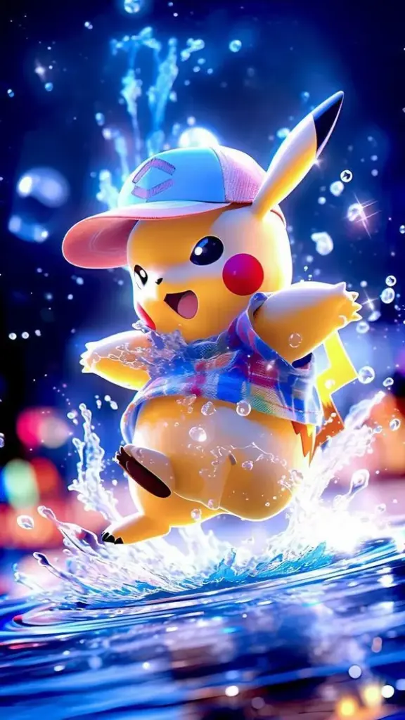 Pikachu đội mũ phù thủy, đứng trên nước ánh sao, hiệu ứng glow dịu, không gian mộng mơ