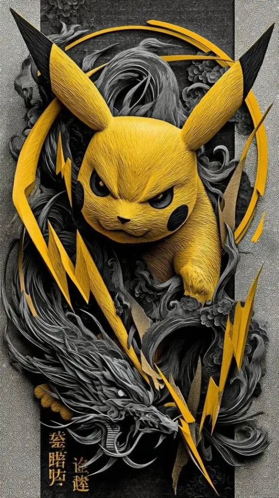Hình nền Pikachu tông xám đen, mắt sắc, tia điện vàng xoáy quanh, cảm giác ngầu và mạnh