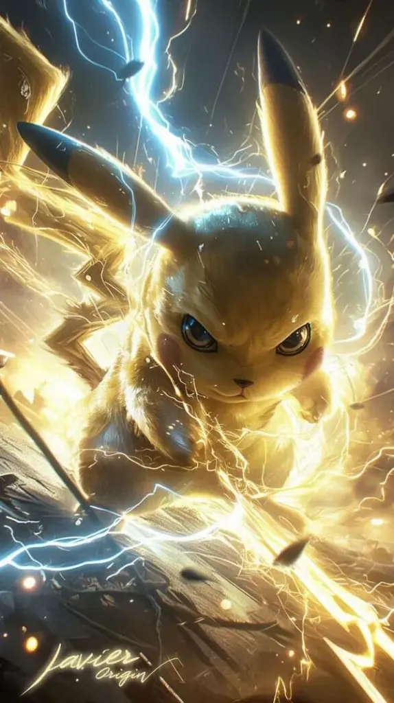 Pikachu lao tới giữa tia sét trắng, bụi sáng bắn tung, độ tương phản cao, nhìn rất đã mắt