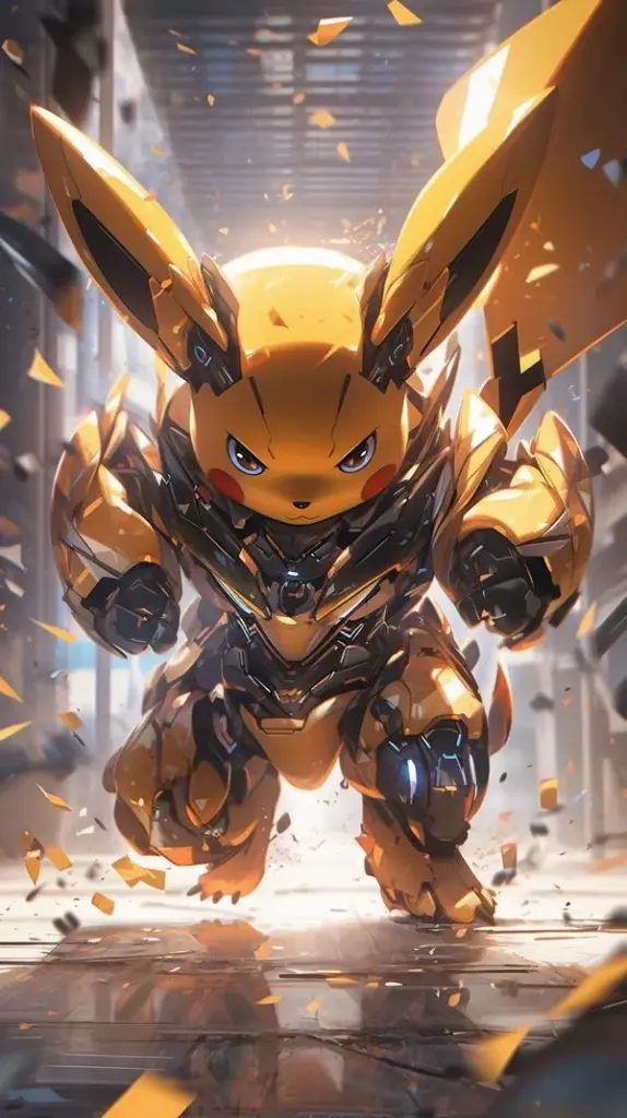 Ảnh nền Pikachu dạng robot cơ khí, nền xưởng sáng, kim loại bóng, đuôi tia sét làm điểm nhấn