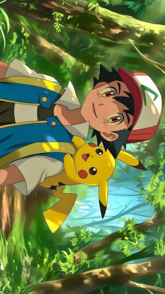 Ash cưỡi gió giữa rừng, Pikachu bám vai, màu xanh lá chủ đạo, cảm giác tự do và nhẹ nhàng