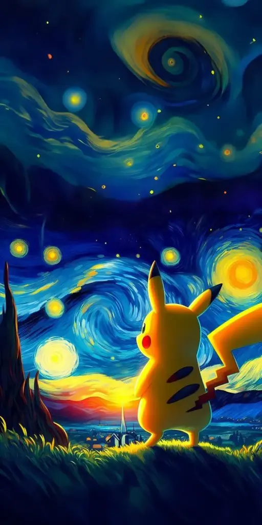 Hình nền Pikachu phong cách bầu trời sao, nền xanh đậm, ánh đom đóm, mood yên tĩnh ban đêm