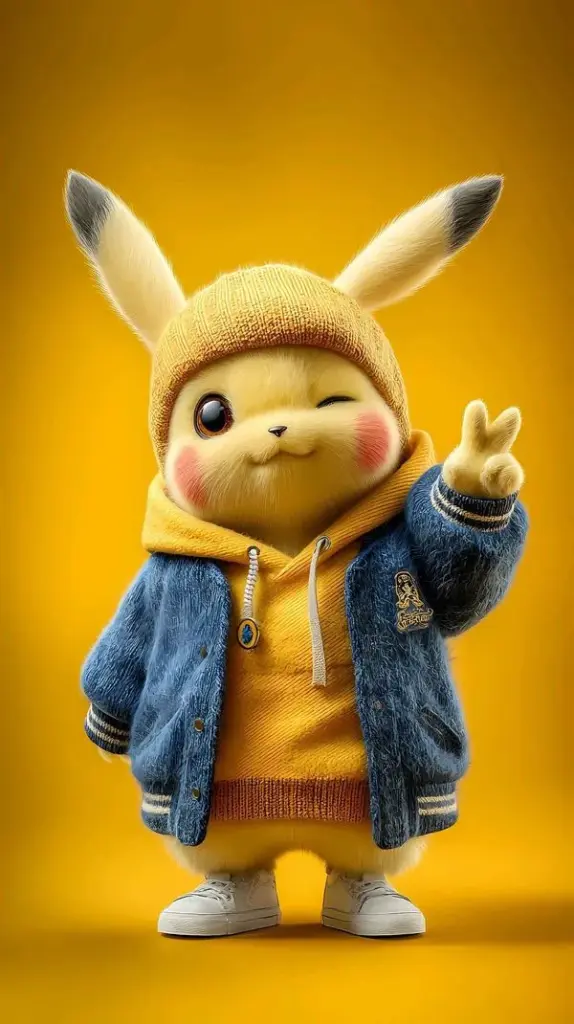 Pikachu mặc áo khoác vàng, giơ tay chào, nền vàng trơn, bố cục sạch, nhìn rất thân thiện