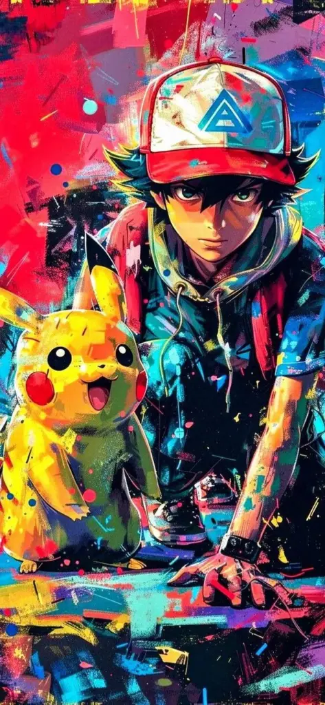 Ash đứng phố neon rực, Pikachu cạnh vai, màu tương phản cao, vibe đường phố năng động