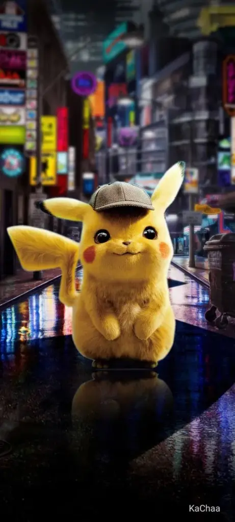 Pikachu nghe giọng Ikue Ōtani tưởng tượng, miệng há cười, ánh viền sáng làm khung mặt nổi